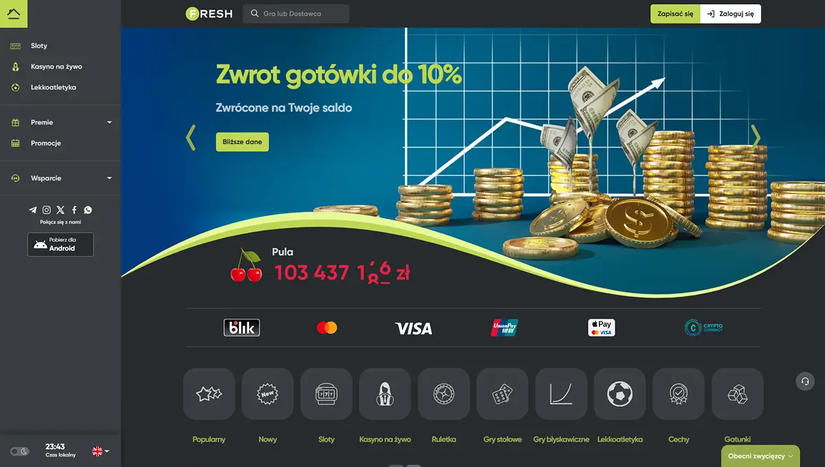 Aktualny widok strony Fresh Casino z widocznym brandingiem