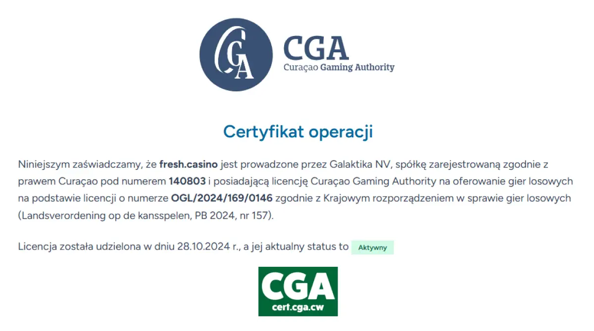 Certyfikat Curaçao Gaming Authority dla domeny fresh.casino