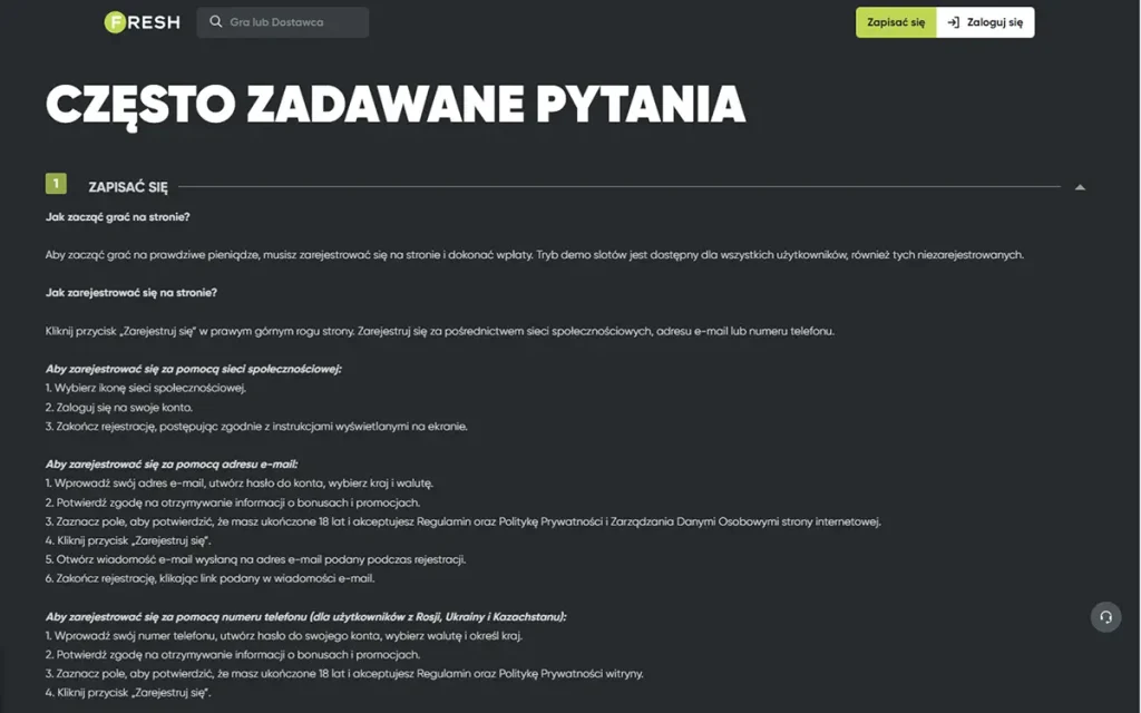 Sekcja FAQ Fresh Casino dotycząca wypłat i czasu przetwarzania